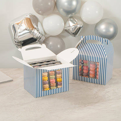 Bio Tek Blue and White Stripe Paper Gable Box / Take Out Container - with Window - 10" x 7" x 8" - 100 count box