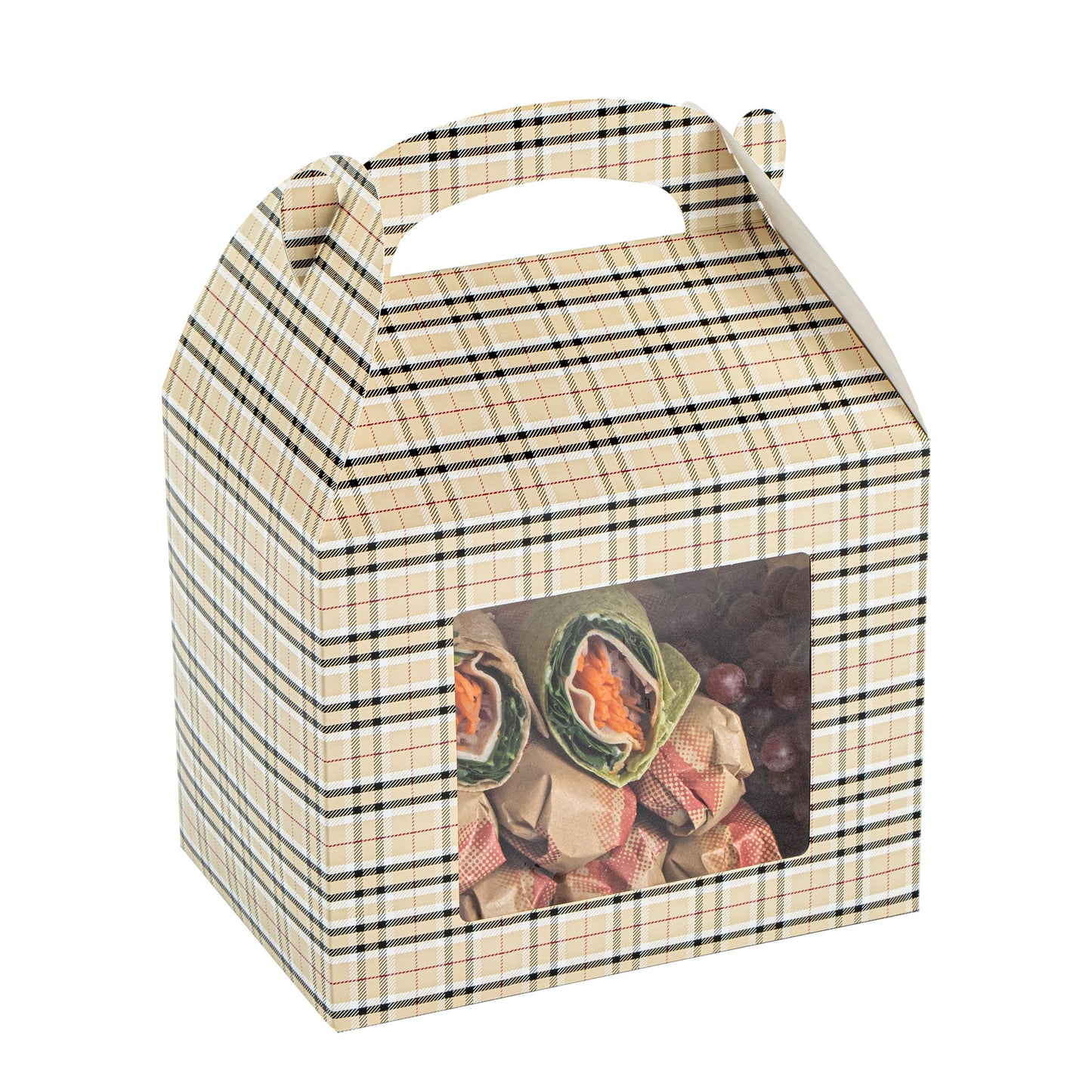 Bio Tek Plaid Paper Gable Box / Take Out Container - with Window - 10" x 7" x 8" - 25 count box