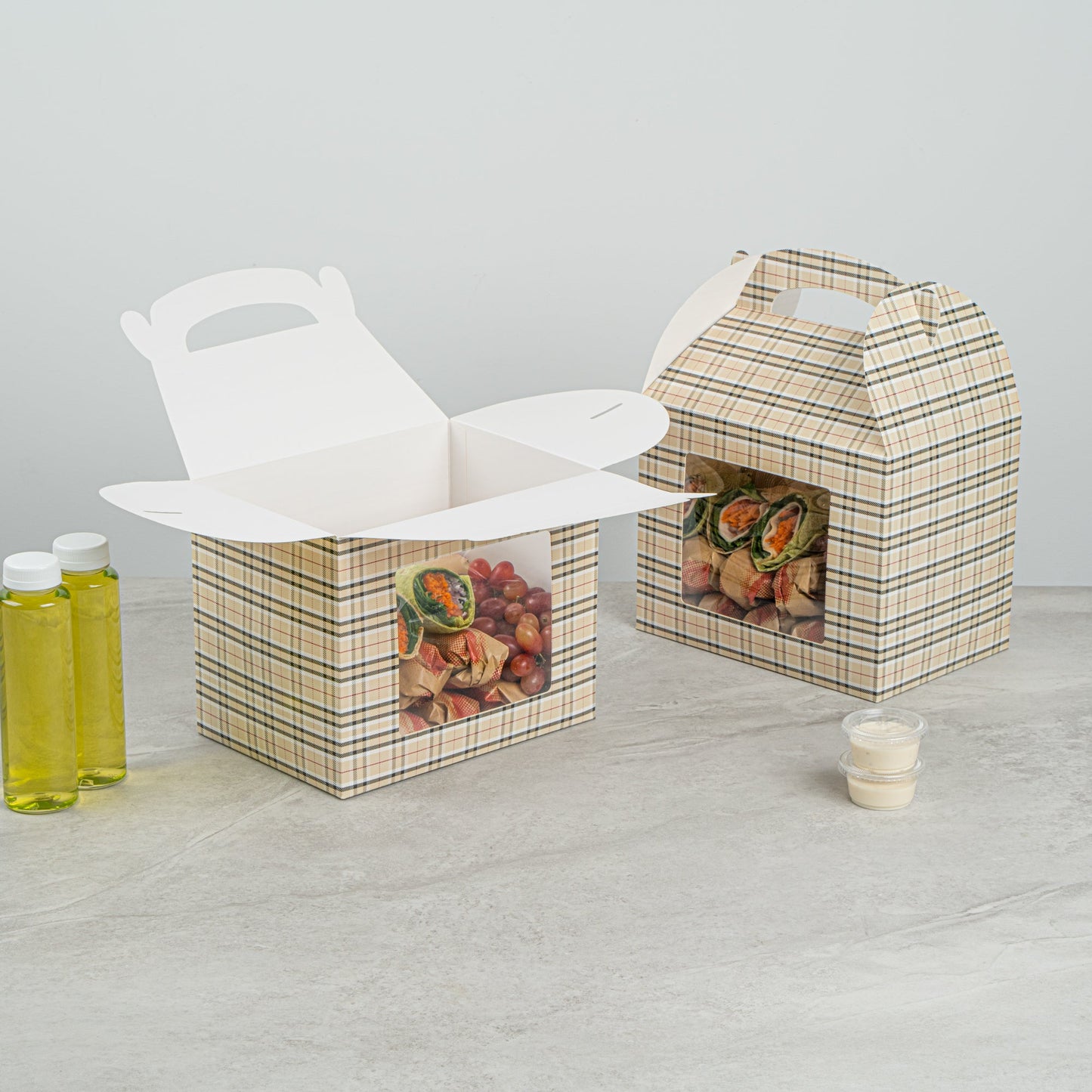 Bio Tek Plaid Paper Gable Box / Take Out Container - with Window - 10" x 7" x 8" - 25 count box