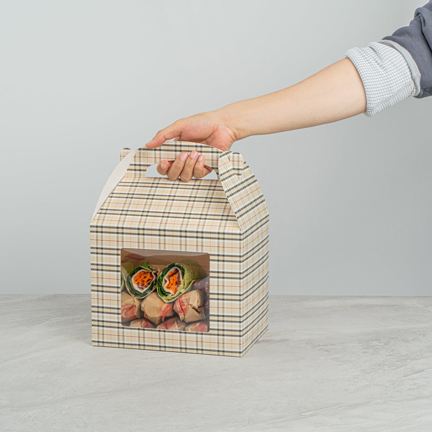 Bio Tek Plaid Paper Gable Box / Take Out Container - with Window - 10" x 7" x 8" - 25 count box