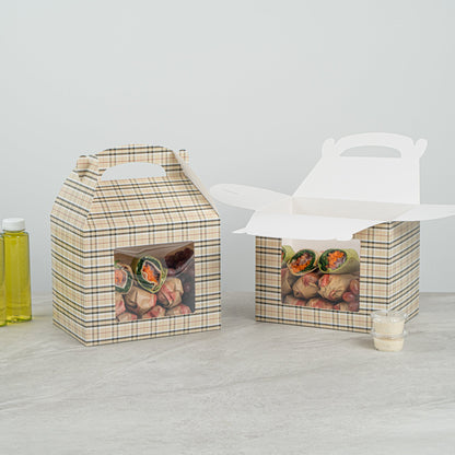 Bio Tek Plaid Paper Gable Box / Take Out Container - with Window - 10" x 7" x 8" - 25 count box