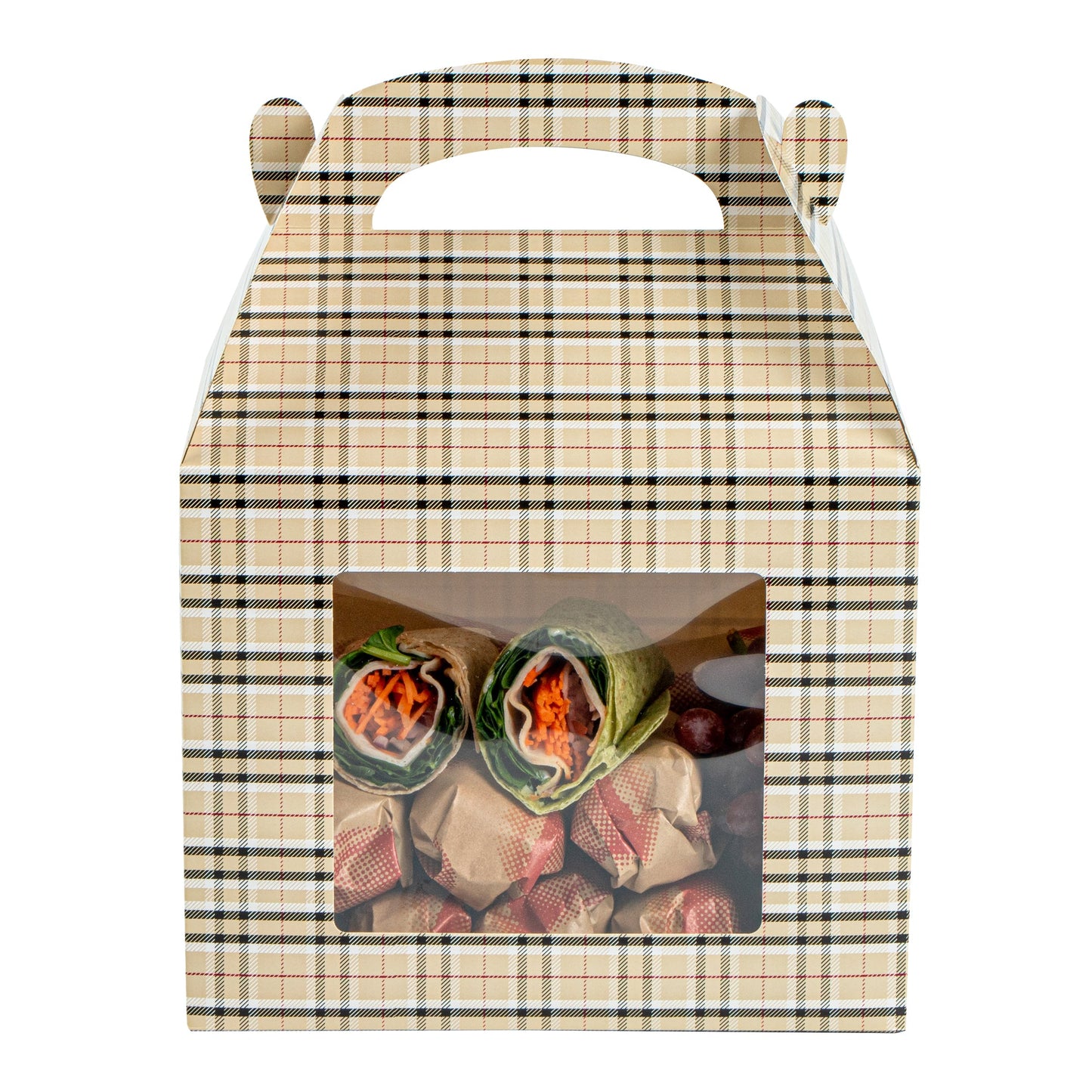 Bio Tek Plaid Paper Gable Box / Take Out Container - with Window - 10" x 7" x 8" - 100 count box