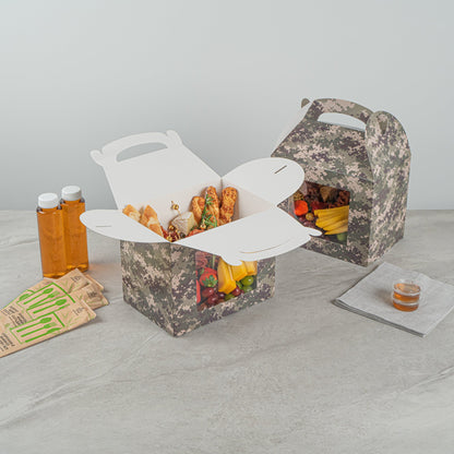 Bio Tek Camouflage Paper Gable Box / Take Out Container - with Window - 10" x 7" x 8" - 25 count box