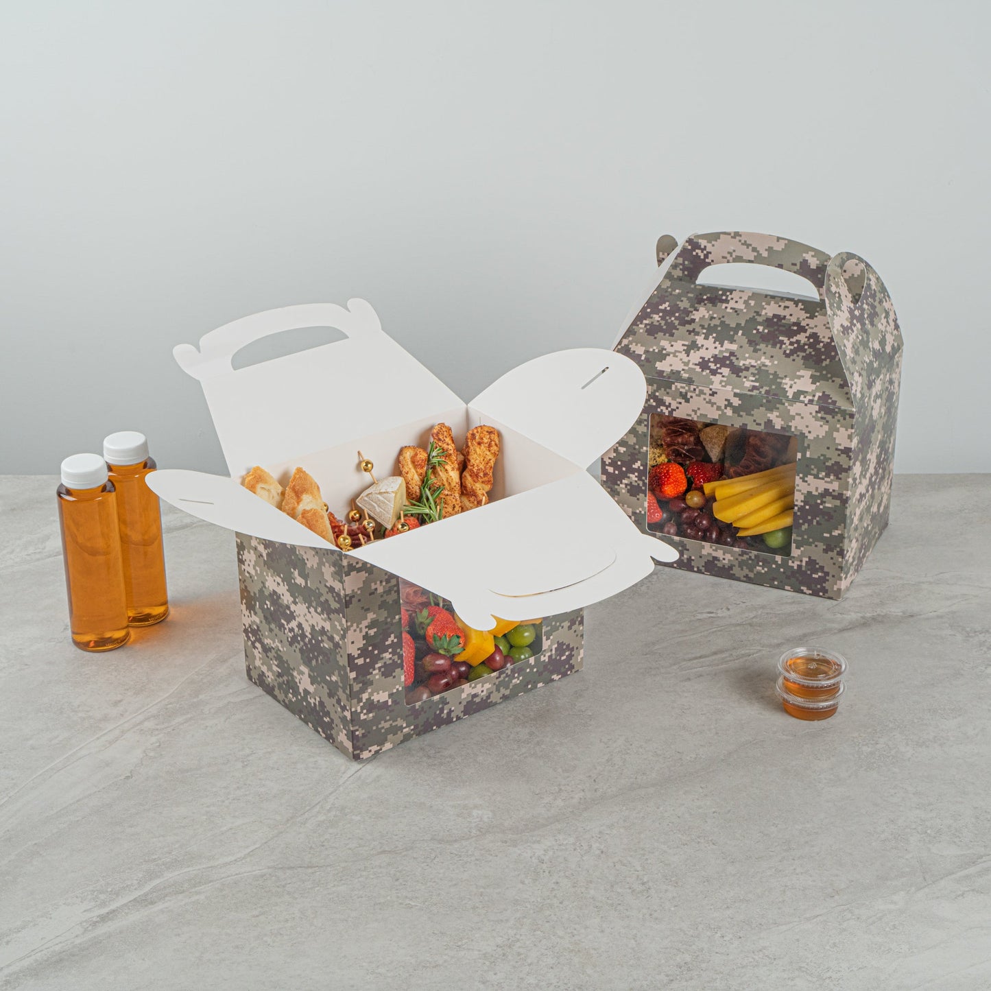 Bio Tek Camouflage Paper Gable Box / Take Out Container - with Window - 10" x 7" x 8" - 25 count box