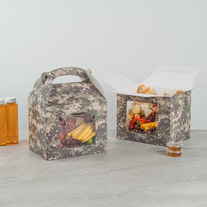 Bio Tek Camouflage Paper Gable Box / Take Out Container - with Window - 10" x 7" x 8" - 25 count box