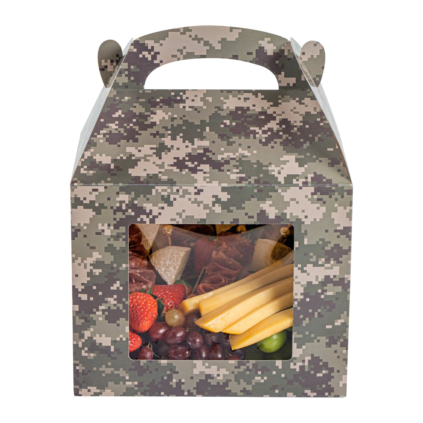 Bio Tek Camouflage Paper Gable Box / Take Out Container - with Window - 10" x 7" x 8" - 100 count box