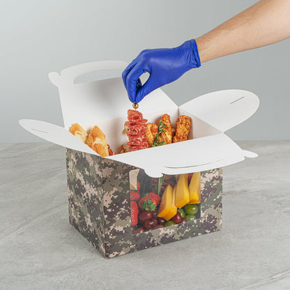 Bio Tek Camouflage Paper Gable Box / Take Out Container - with Window - 10" x 7" x 8" - 100 count box