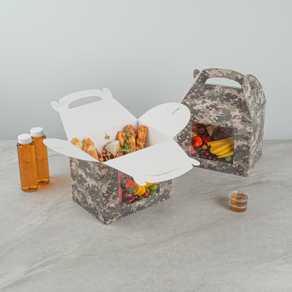 Bio Tek Camouflage Paper Gable Box / Take Out Container - with Window - 10" x 7" x 8" - 100 count box