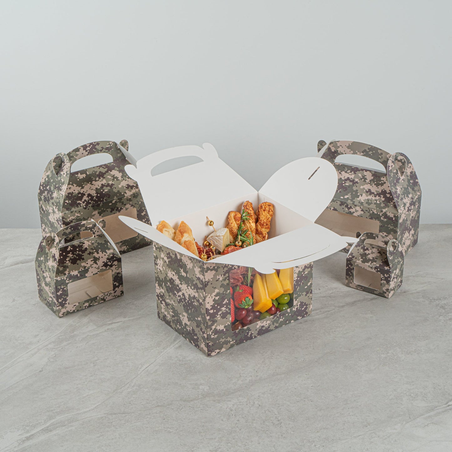 Bio Tek Camouflage Paper Gable Box / Take Out Container - with Window - 10" x 7" x 8" - 100 count box