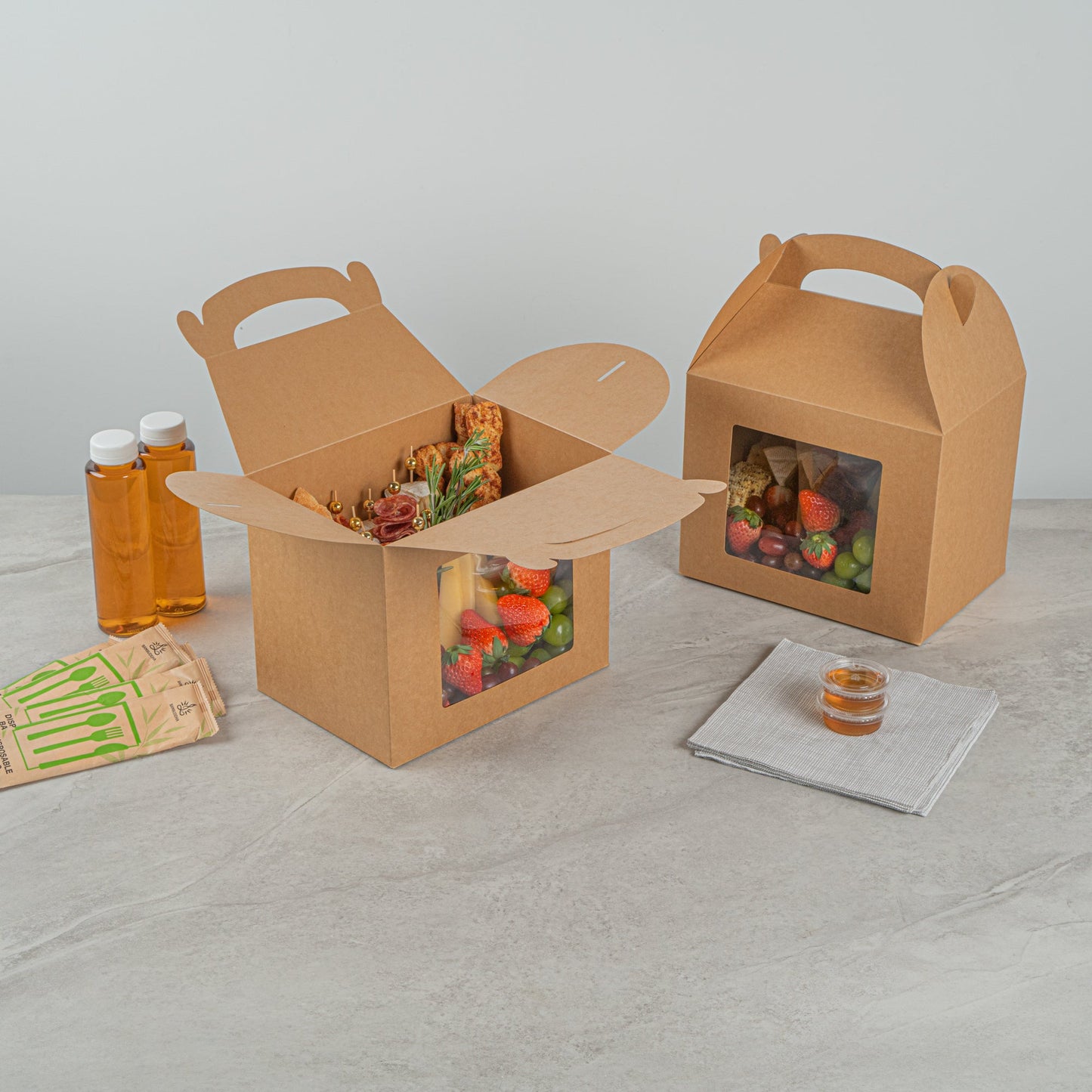 Bio Tek Kraft Paper Gable Box / Take Out Container - Greaseproof, with Window - 10" x 7" x 8" - 100 count box
