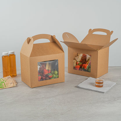 Bio Tek Kraft Paper Gable Box / Take Out Container - Greaseproof, with Window - 10" x 7" x 8" - 100 count box