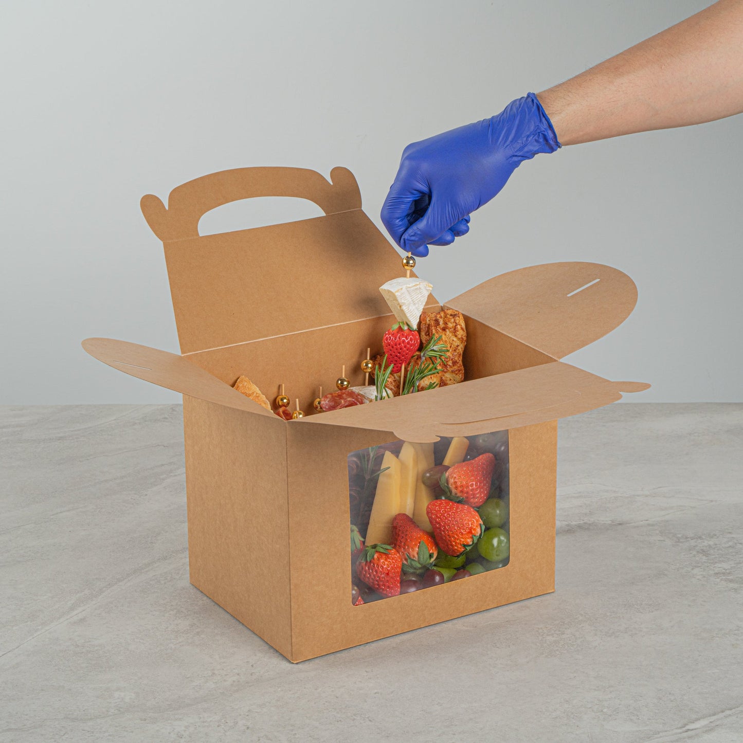 Bio Tek Kraft Paper Gable Box / Take Out Container - Greaseproof, with Window - 10" x 7" x 8" - 100 count box