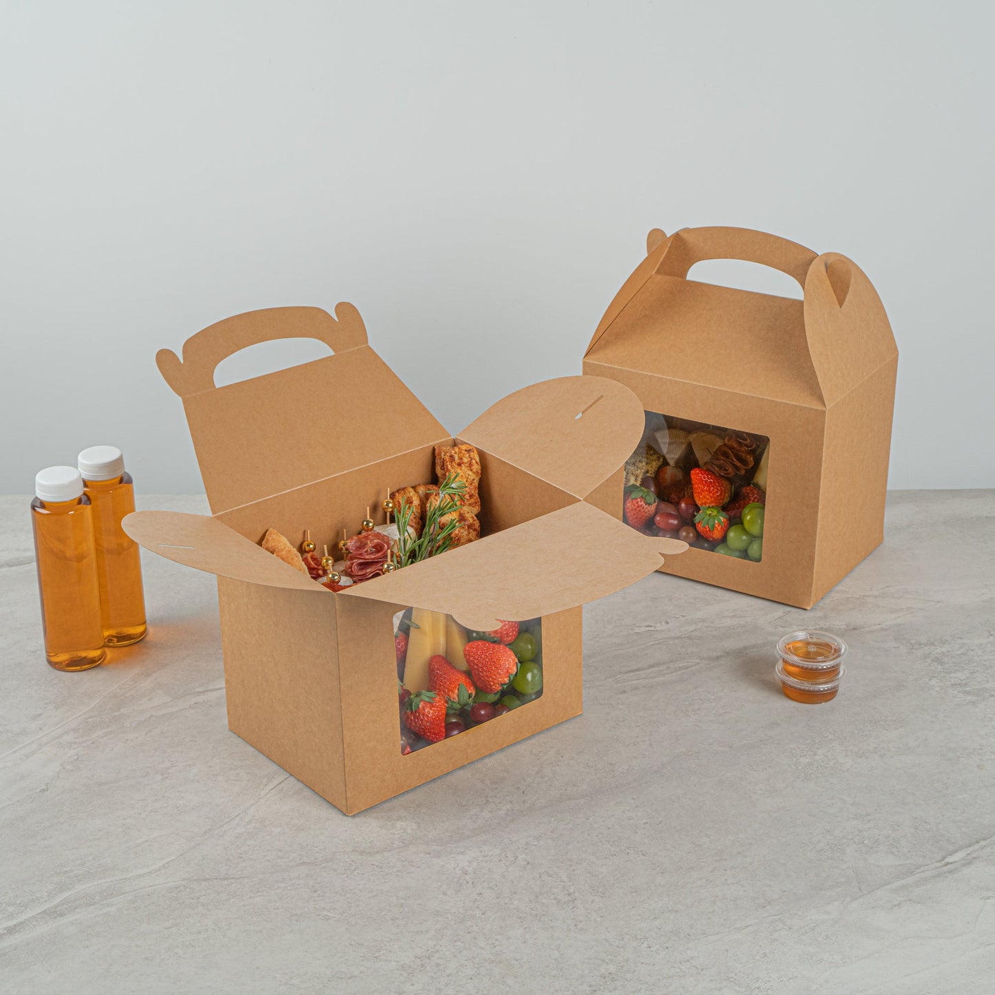 Bio Tek Kraft Paper Gable Box / Take Out Container - Greaseproof, with Window - 10" x 7" x 8" - 100 count box