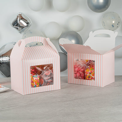 Bio Tek Pink and White Stripe Paper Gable Box / Take Out Container - with Window - 10" x 7" x 8" - 25 count box