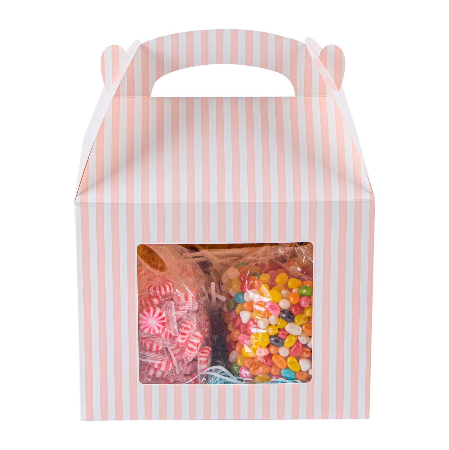 Bio Tek Pink and White Stripe Paper Gable Box / Take Out Container - with Window - 10" x 7" x 8" - 25 count box