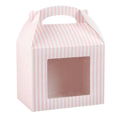 Bio Tek Pink and White Stripe Paper Gable Box / Take Out Container - with Window - 10" x 7" x 8" - 25 count box