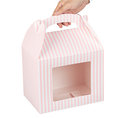 Bio Tek Pink and White Stripe Paper Gable Box / Take Out Container - with Window - 10" x 7" x 8" - 100 count box