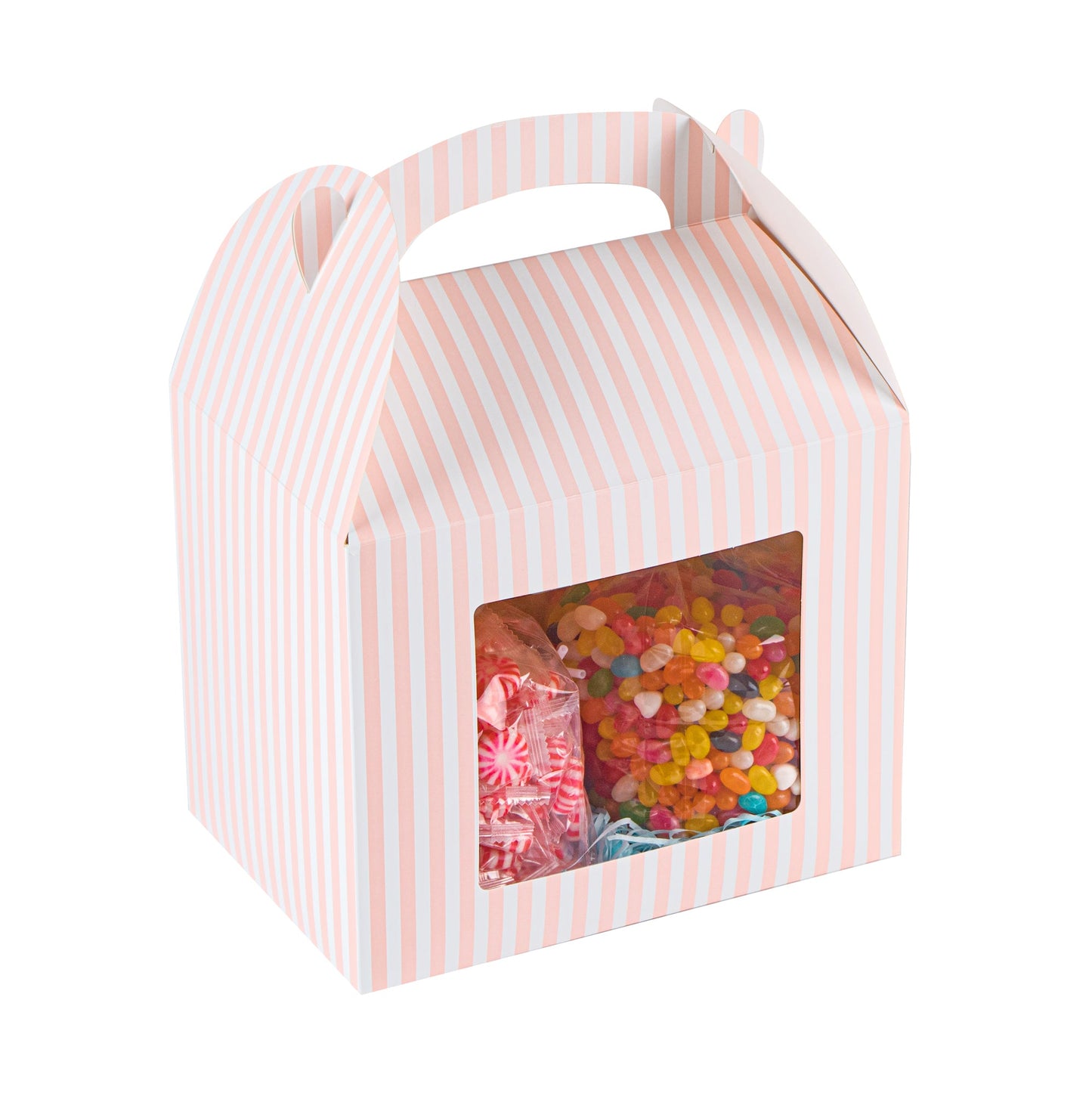 Bio Tek Pink and White Stripe Paper Gable Box / Take Out Container - with Window - 10" x 7" x 8" - 100 count box