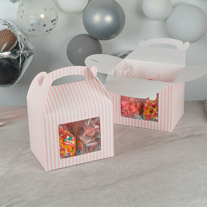 Bio Tek Pink and White Stripe Paper Gable Box / Take Out Container - with Window - 10" x 7" x 8" - 100 count box