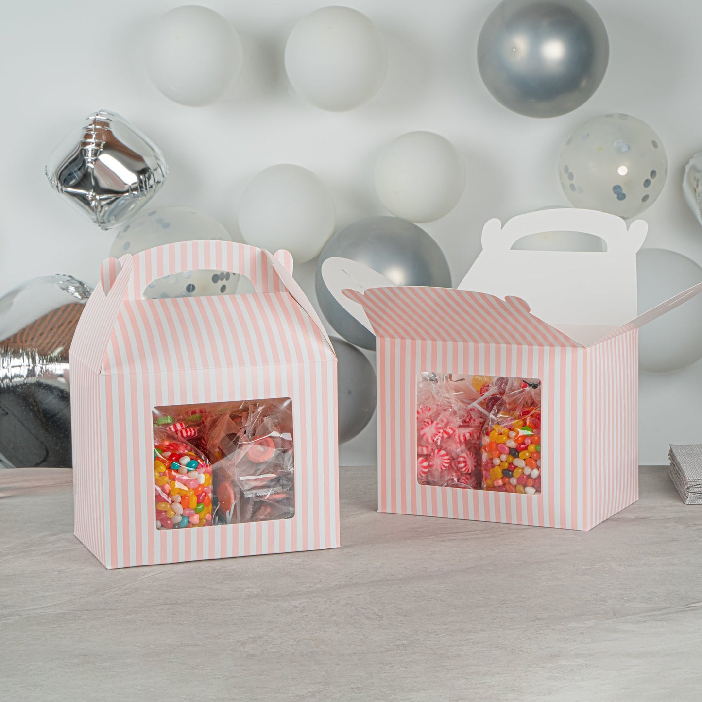 Bio Tek Pink and White Stripe Paper Gable Box / Take Out Container - with Window - 10" x 7" x 8" - 100 count box