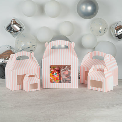 Bio Tek Pink and White Stripe Paper Gable Box / Take Out Container - with Window - 10" x 7" x 8" - 100 count box
