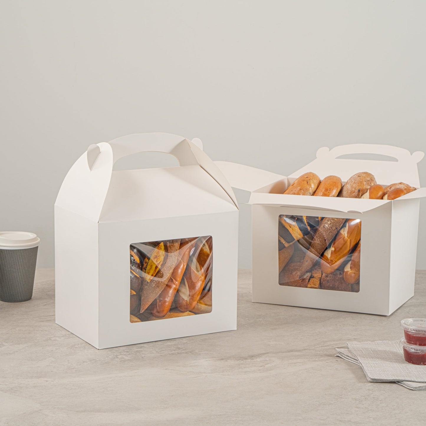Bio Tek White Paper Gable Box / Take Out Container - Greaseproof, with Window - 10" x 7" x 8" - 25 count box