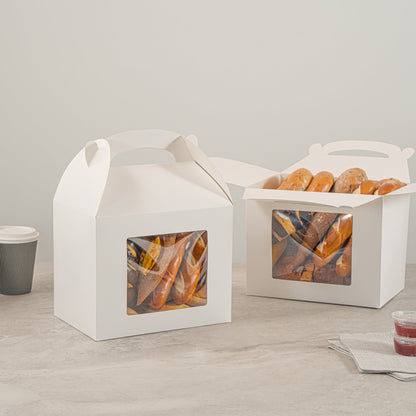 Bio Tek White Paper Gable Box / Take Out Container - Greaseproof, with Window - 10" x 7" x 8" - 25 count box