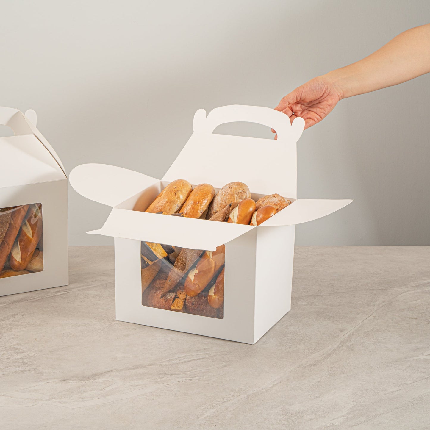 Bio Tek White Paper Gable Box / Take Out Container - Greaseproof, with Window - 10" x 7" x 8" - 25 count box