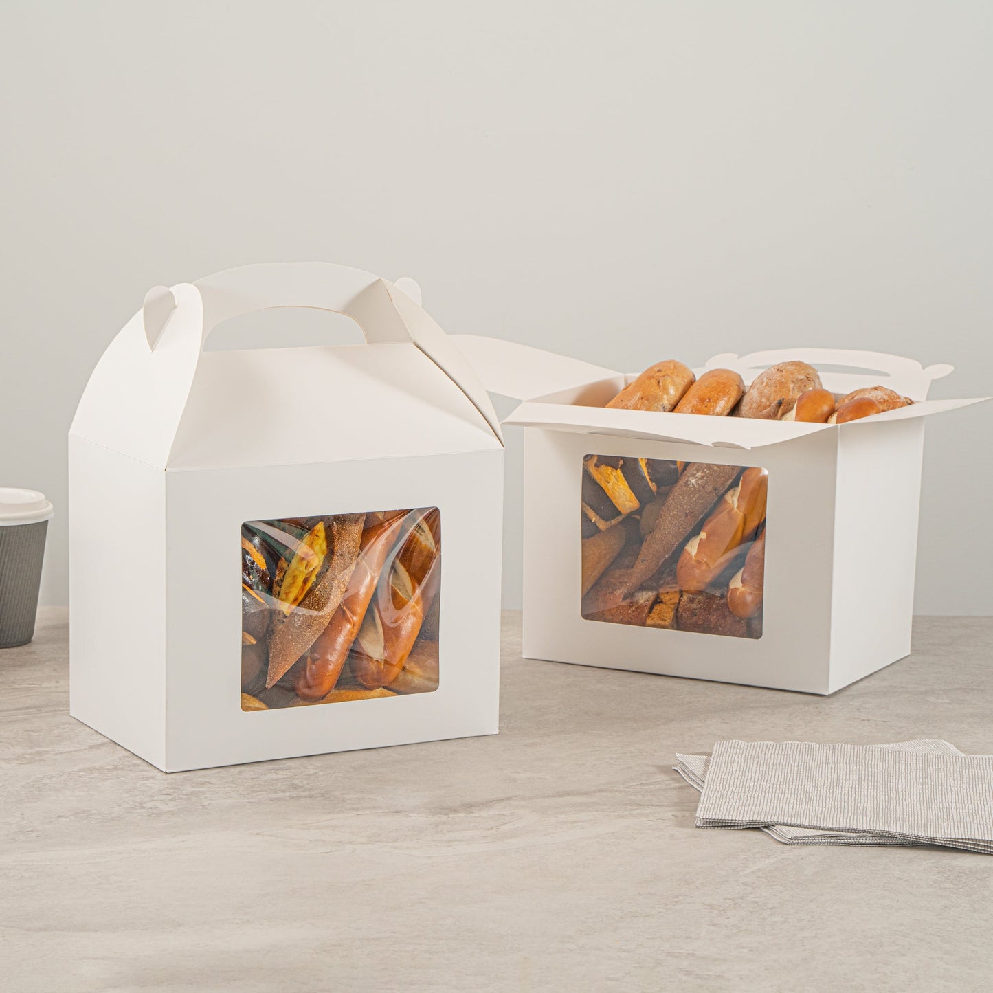 Bio Tek White Paper Gable Box / Take Out Container - Greaseproof, with Window - 10" x 7" x 8" - 25 count box