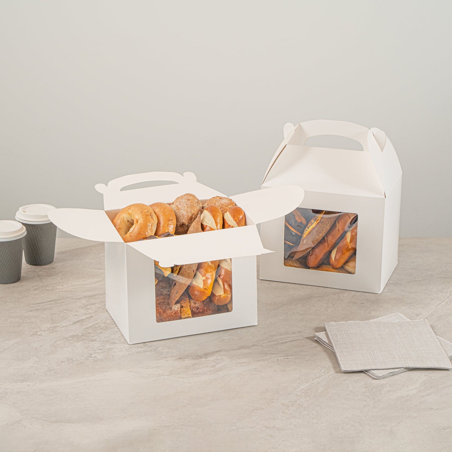 Bio Tek White Paper Gable Box / Take Out Container - Greaseproof, with Window - 10" x 7" x 8" - 100 count box