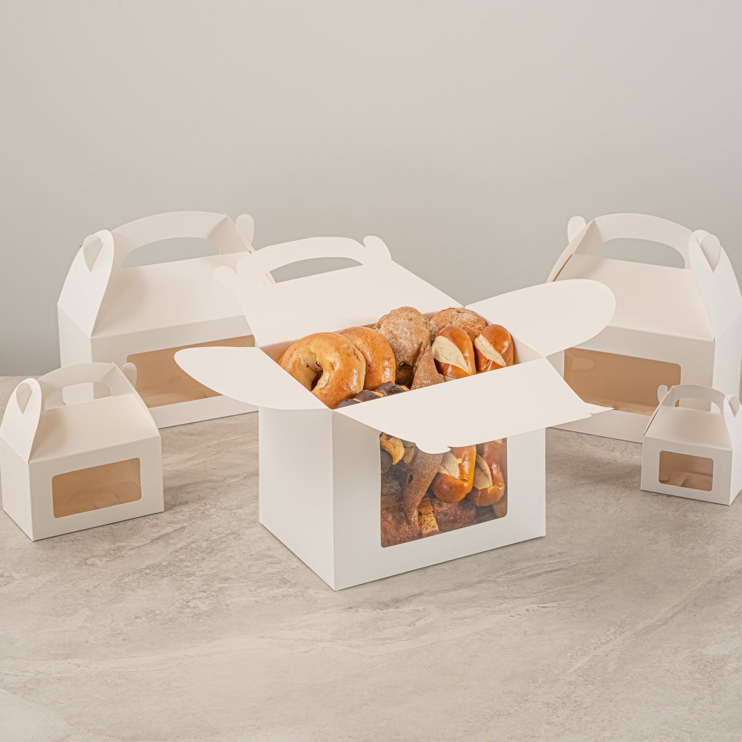 Bio Tek White Paper Gable Box / Take Out Container - Greaseproof, with Window - 10" x 7" x 8" - 100 count box
