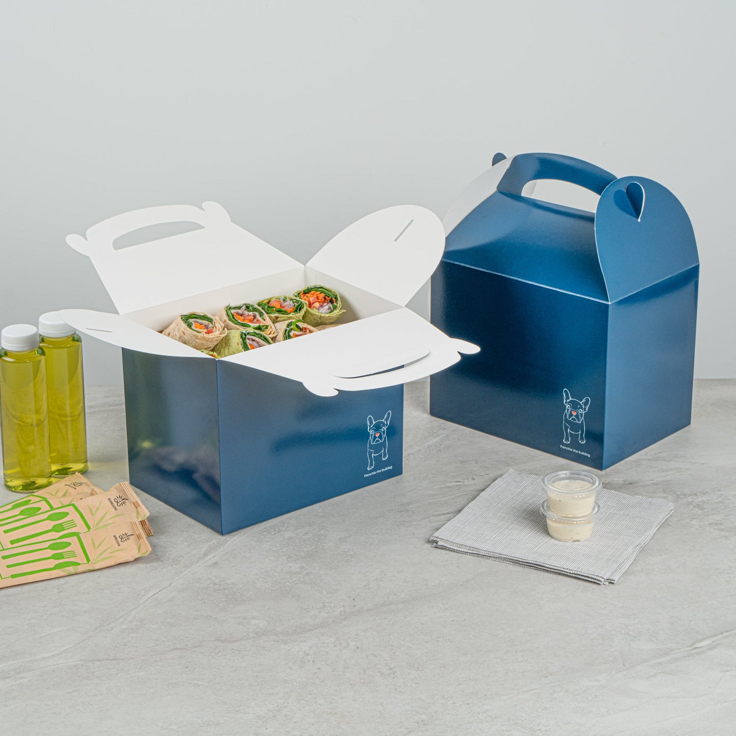 Bio Tek Frenchie Paper Gable Box / Take Out Container - Compostable - 10" x 7" x 8" - 100 count box