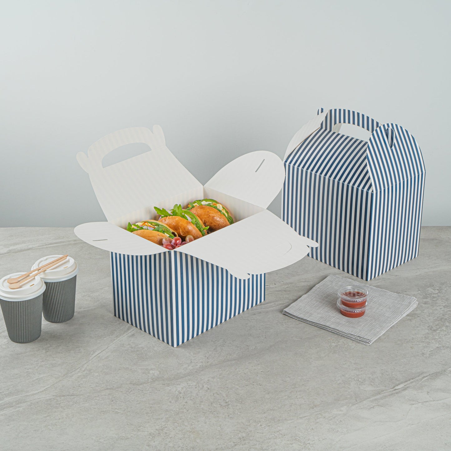 Bio Tek Blue and White Stripe Paper Gable Box / Take Out Container - Compostable - 10" x 7" x 8" - 25 count box