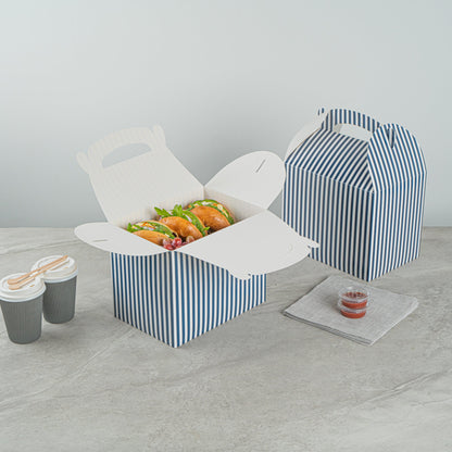 Bio Tek Blue and White Stripe Paper Gable Box / Take Out Container - Compostable - 10" x 7" x 8" - 25 count box