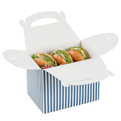 Bio Tek Blue and White Stripe Paper Gable Box / Take Out Container - Compostable - 10" x 7" x 8" - 25 count box