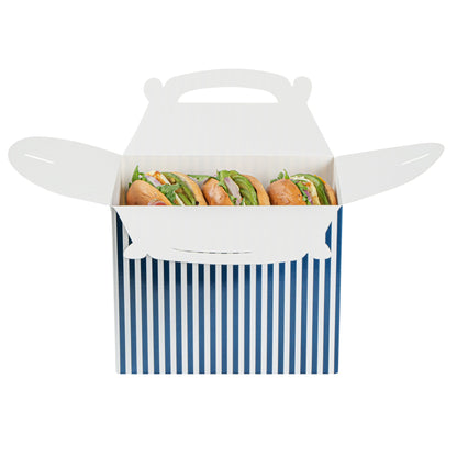 Bio Tek Blue and White Stripe Paper Gable Box / Take Out Container - Compostable - 10" x 7" x 8" - 25 count box