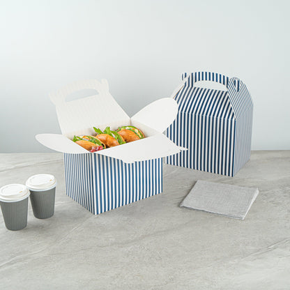 Bio Tek Blue and White Stripe Paper Gable Box / Take Out Container - Compostable - 10" x 7" x 8" - 25 count box