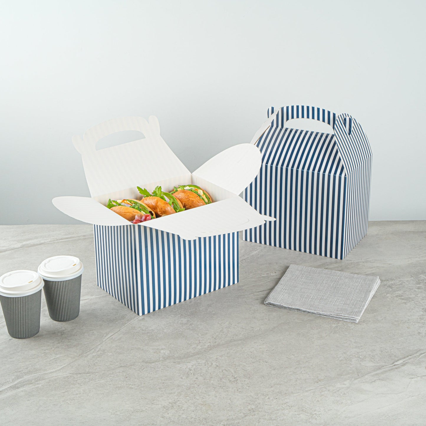 Bio Tek Blue and White Stripe Paper Gable Box / Take Out Container - Compostable - 10" x 7" x 8" - 100 count box