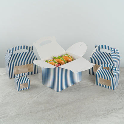 Bio Tek Blue and White Stripe Paper Gable Box / Take Out Container - Compostable - 10" x 7" x 8" - 100 count box