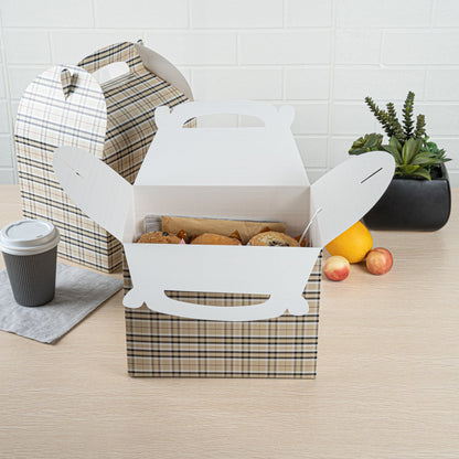 Bio Tek Plaid Paper Gable Box / Take Out Container - Compostable - 10" x 7" x 8" - 25 count box