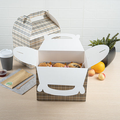 Bio Tek Plaid Paper Gable Box / Take Out Container - Compostable - 10" x 7" x 8" - 100 count box