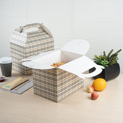 Bio Tek Plaid Paper Gable Box / Take Out Container - Compostable - 10" x 7" x 8" - 100 count box