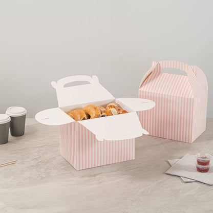 Bio Tek Pink and White Stripe Paper Gable Box / Take Out Container - Compostable - 10" x 7" x 8" - 25 count box