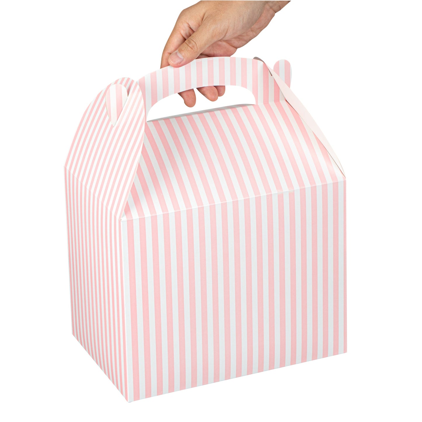 Bio Tek Pink and White Stripe Paper Gable Box / Take Out Container - Compostable - 10" x 7" x 8" - 25 count box