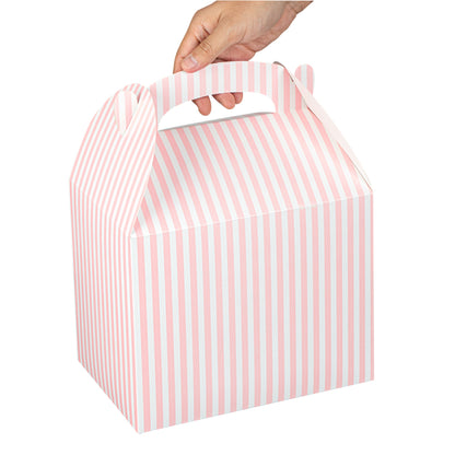 Bio Tek Pink and White Stripe Paper Gable Box / Take Out Container - Compostable - 10" x 7" x 8" - 25 count box