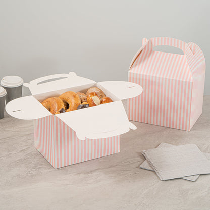 Bio Tek Pink and White Stripe Paper Gable Box / Take Out Container - Compostable - 10" x 7" x 8" - 25 count box