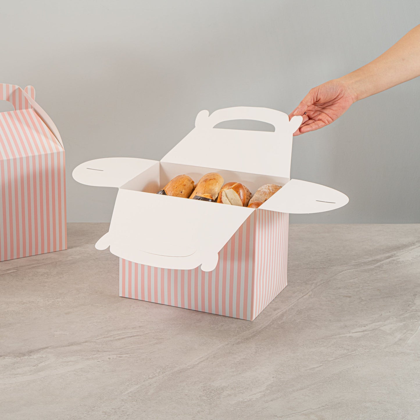 Bio Tek Pink and White Stripe Paper Gable Box / Take Out Container - Compostable - 10" x 7" x 8" - 100 count box