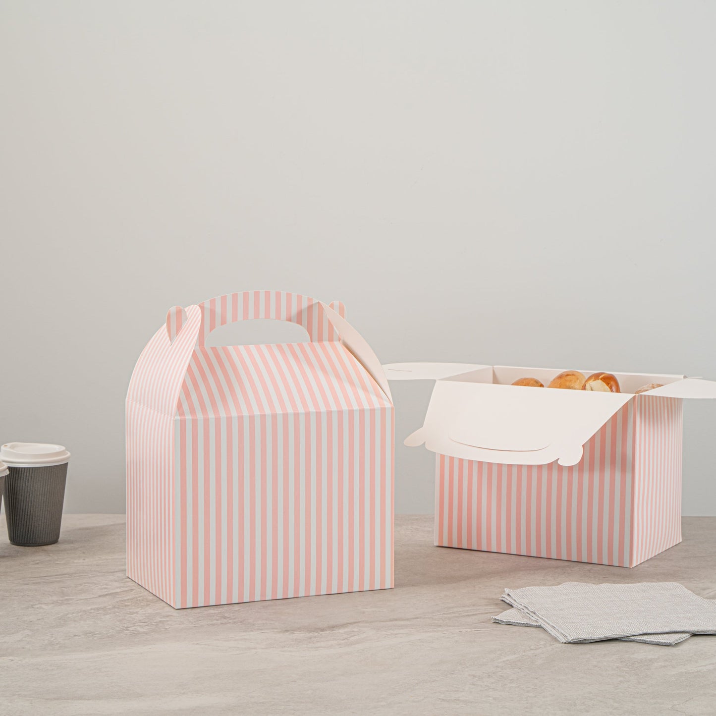Bio Tek Pink and White Stripe Paper Gable Box / Take Out Container - Compostable - 10" x 7" x 8" - 100 count box