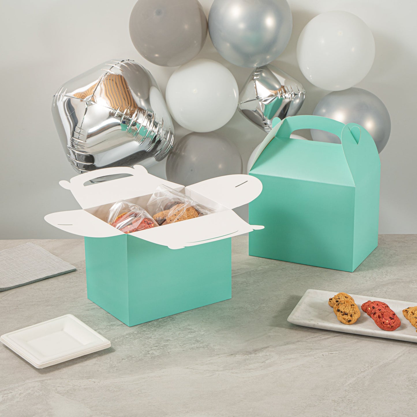 Bio Tek Turquoise Paper Gable Box / Take Out Container - Compostable - 10" x 7" x 8" - 100 count box