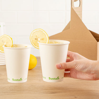 Sustain 12 oz White Paper Cold Cup - PLA Lining, Compostable - 3 1/2" x 3 1/2" x 4 1/4" - 50 count box